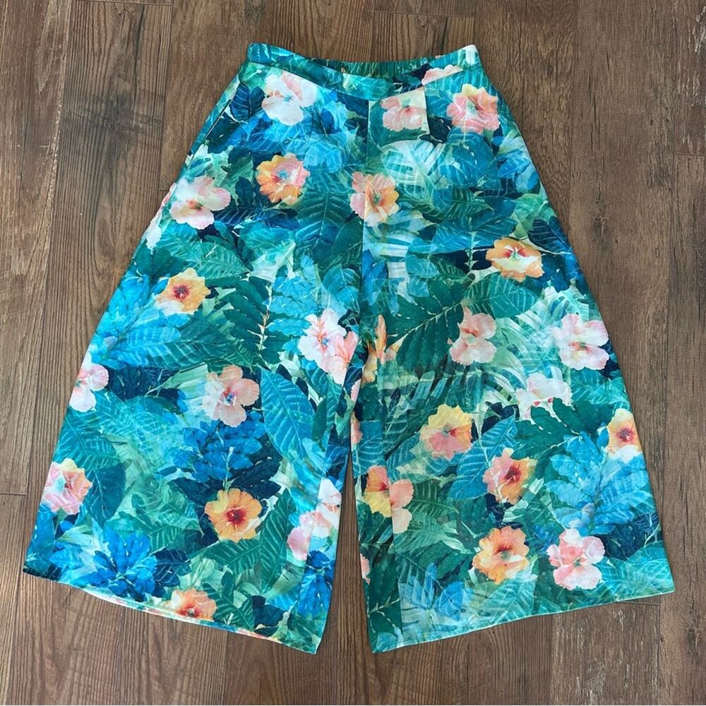 Show Me Your MuMu Floral Wide Leg Cropped Palazzo Pants Green/Blue Large